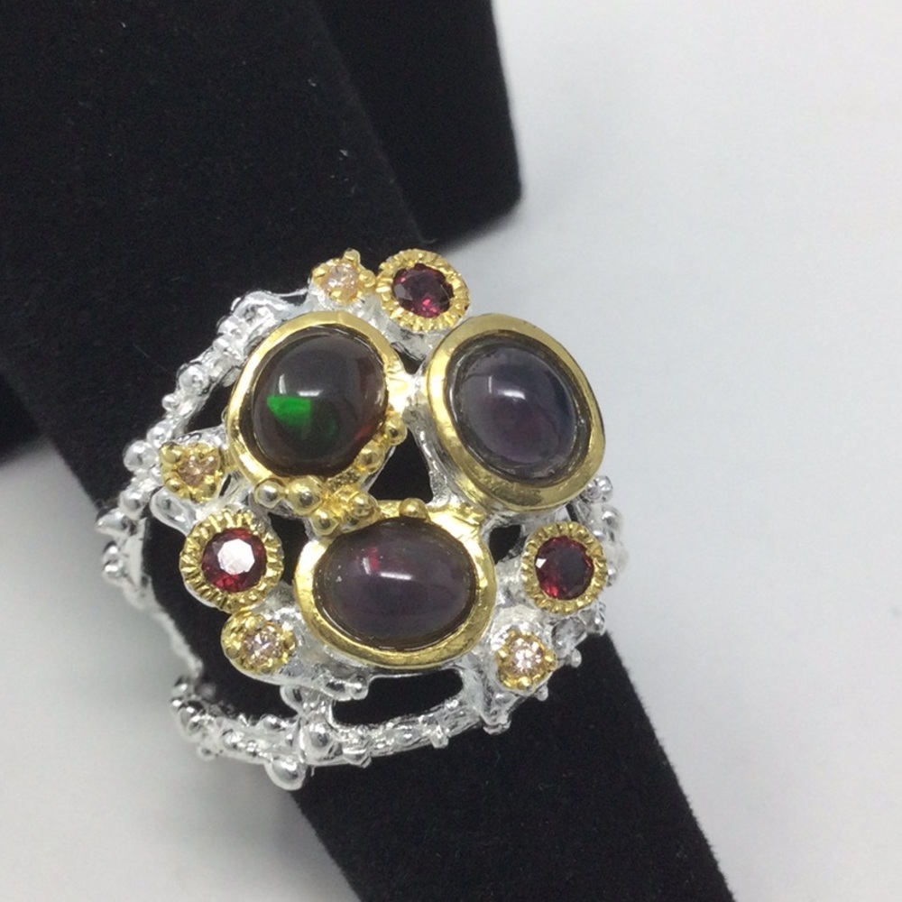 Genuine Black Opal & Garnet Ring